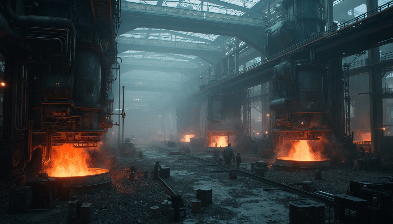 Industrial foundry with large furnaces and flames, workers visible in a dimly lit factory setting.