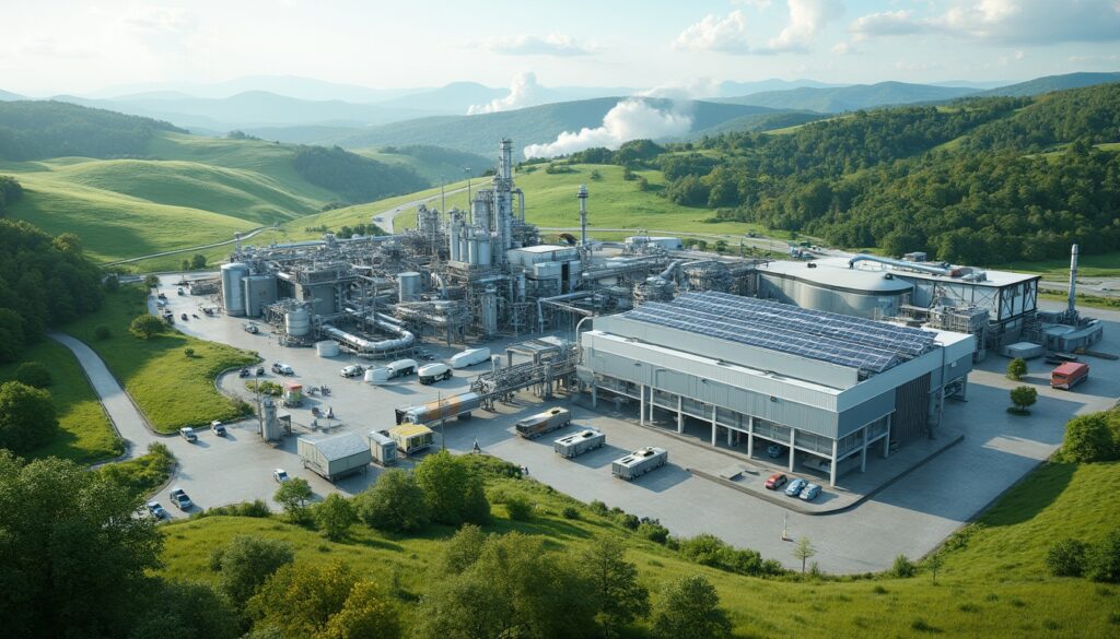 Industrial plant surrounded by lush green hills and distant mountains under a partly cloudy sky.