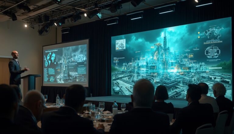 A presenter discusses futuristic city plans in a dark conference room with an audience.