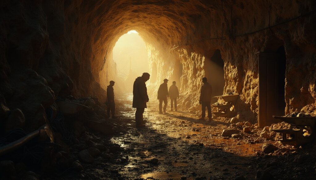 Silhouetted figures in a sunlit cave, with wheelbarrows and rugged terrain around them.