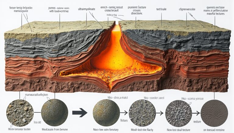 Cross-section of geological layers with captions indicating different textures and compositions.