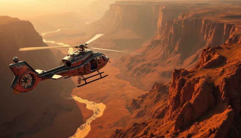 Helicopter flying over a scenic desert canyon at sunset.