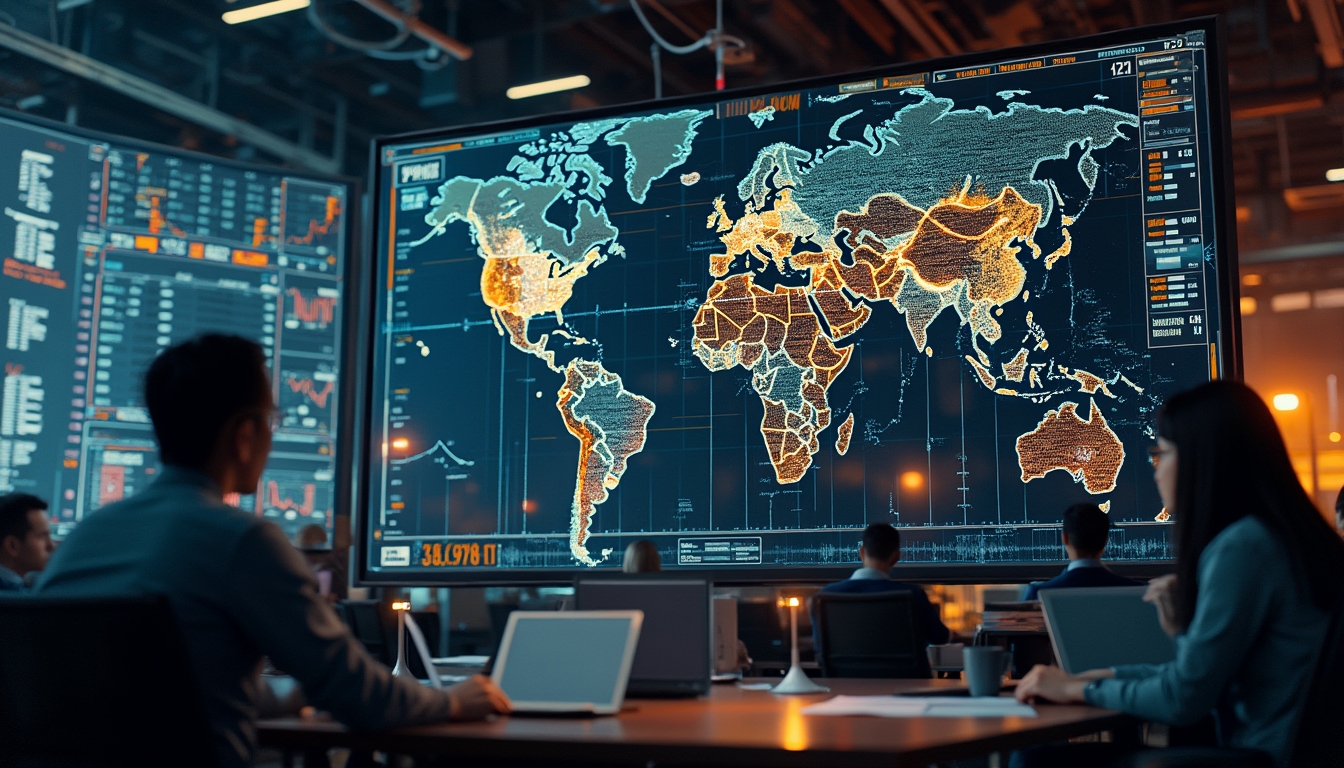 People analyze data on digital screens in a modern control room.