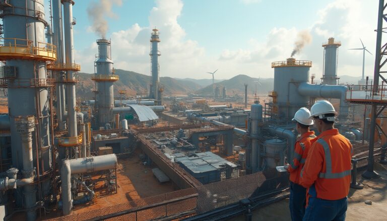 Two workers in hard hats observe an industrial plant with large chimneys and wind turbines in the distance.