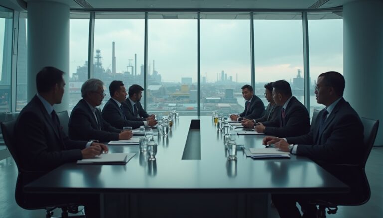 Business meeting in a modern conference room overlooking an industrial cityscape through large windows.