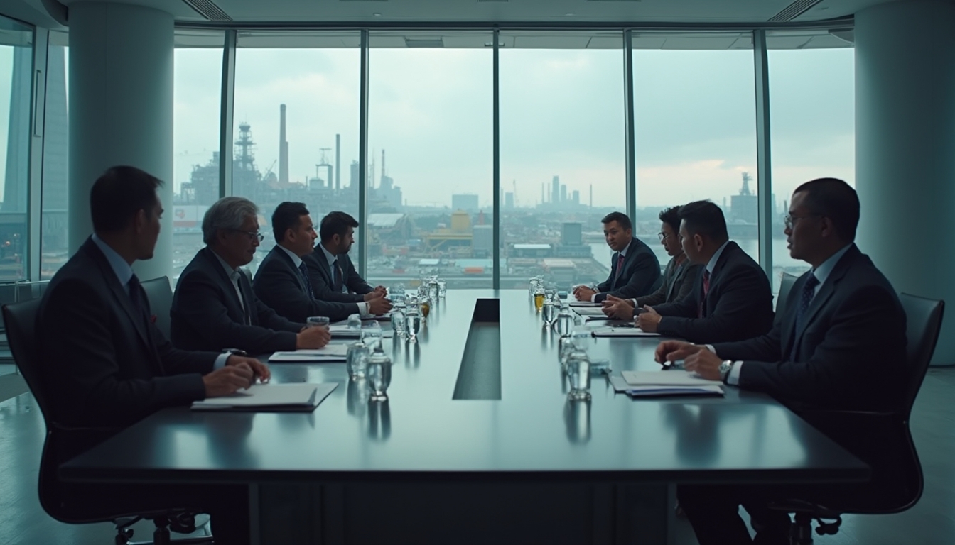 Business meeting in a modern conference room overlooking an industrial cityscape through large windows.