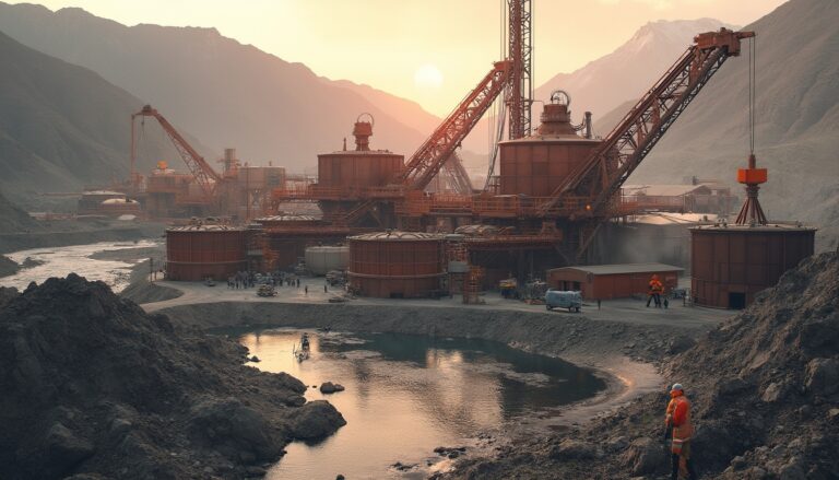 Industrial mining site at sunset, surrounded by mountains and a reflective water body in the foreground.