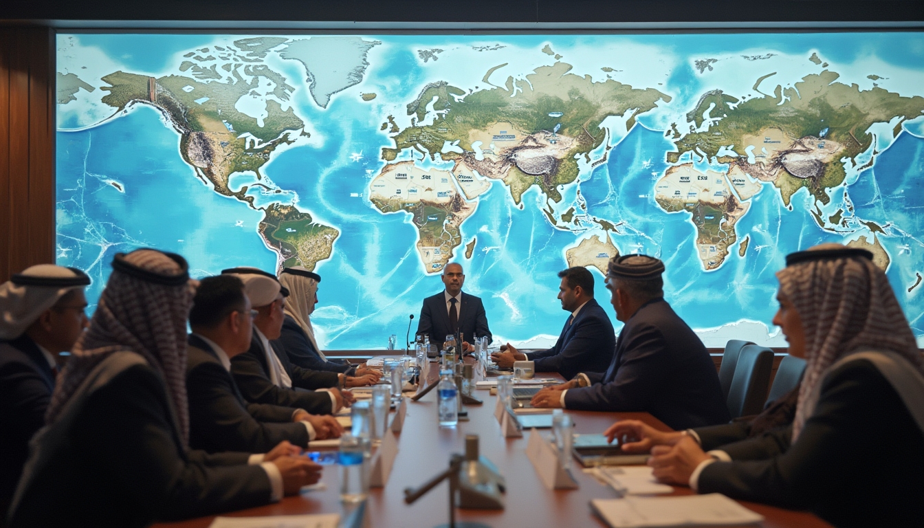 Business meeting in front of a large world map, several people sitting around a conference table.