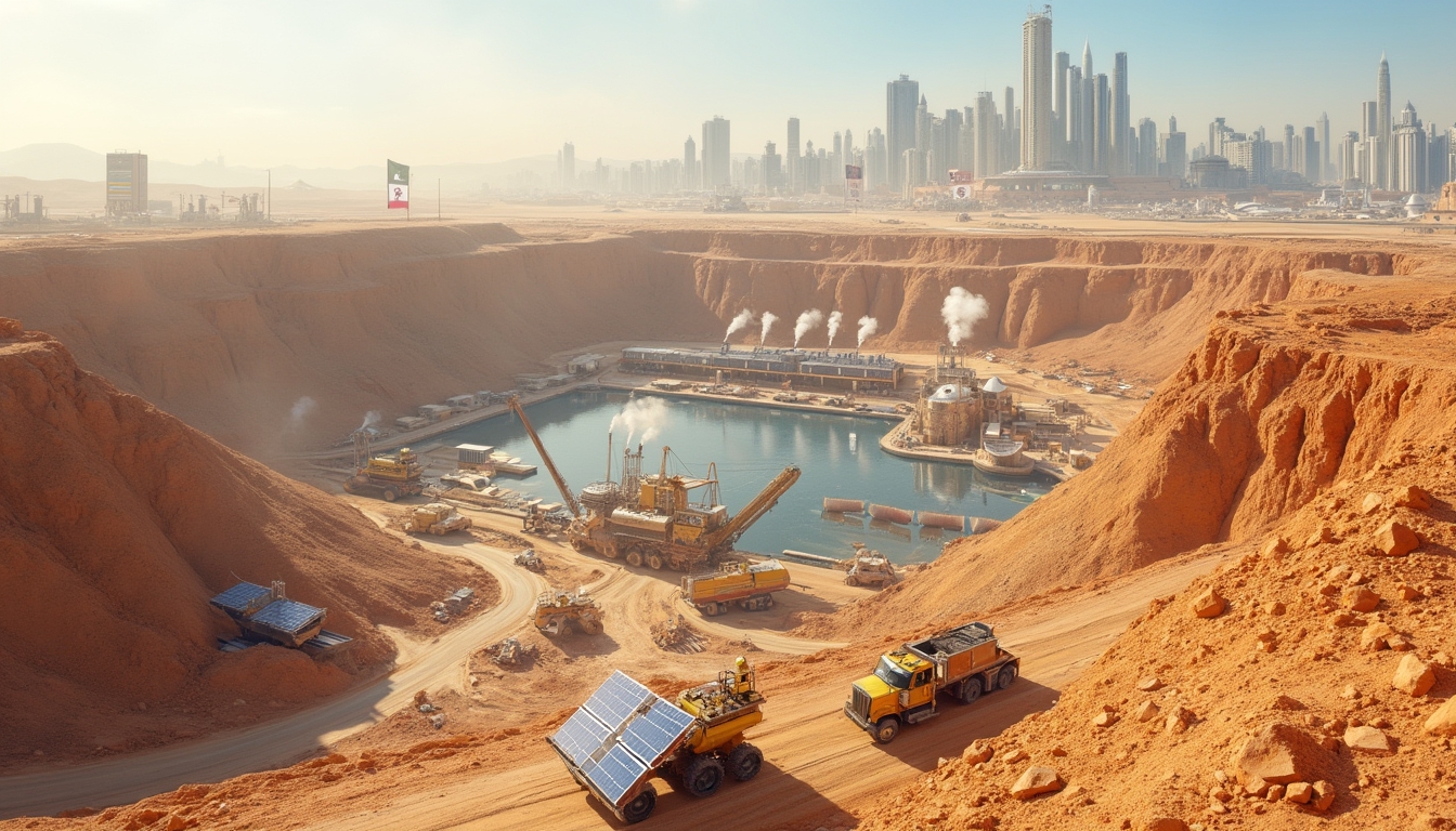 Futuristic desert mining site with vehicles and distant skyscrapers.