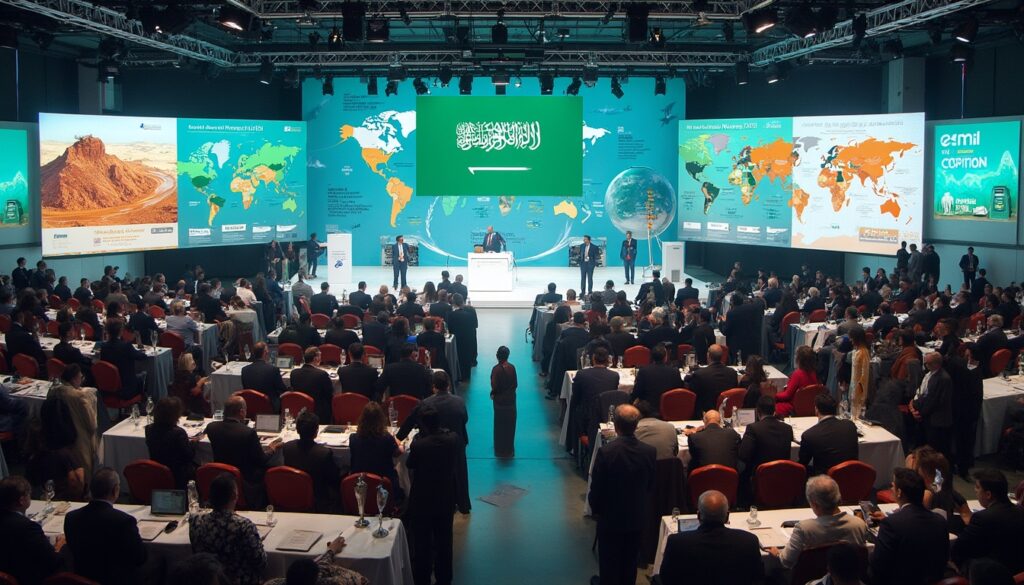 Conference attendees seated, large screens display maps and presentations, central stage speaker.