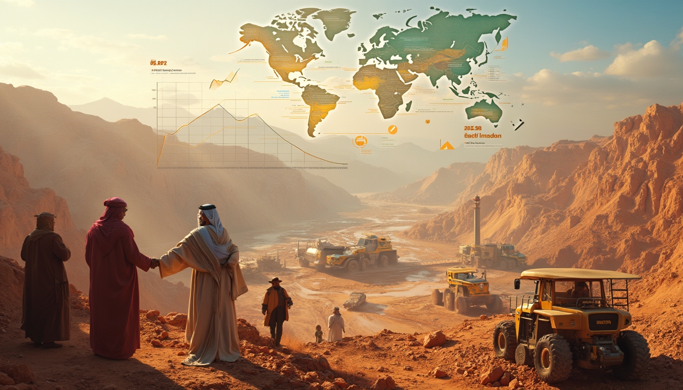 Three people in robes overlook a construction site in a rocky desert, with a map and charts above.