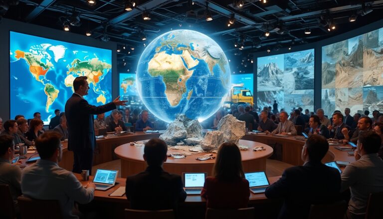 Diverse group in a conference room analyzing a large digital globe projection.