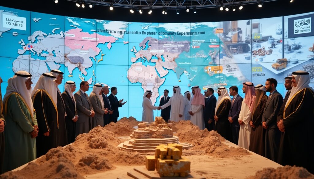 Dignitaries in traditional attire attend a formal event featuring a world map and a sand model.