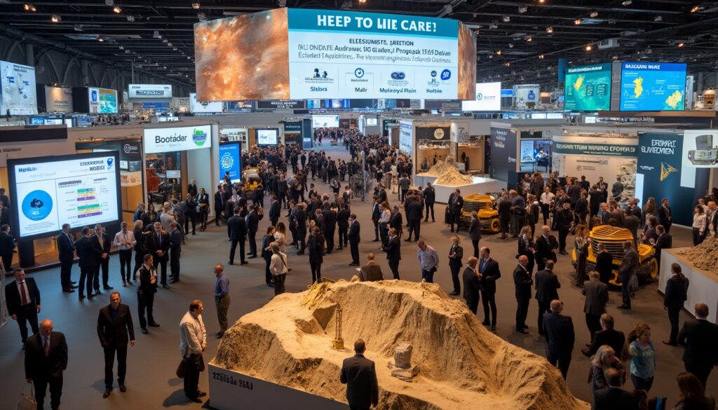 Busy trade convention with sand displays, digital screens, and people networking and exploring booths.