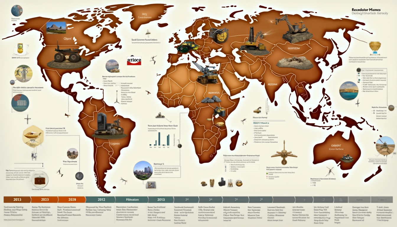 World map with various machinery, artifacts, and graphs displayed on different continents.