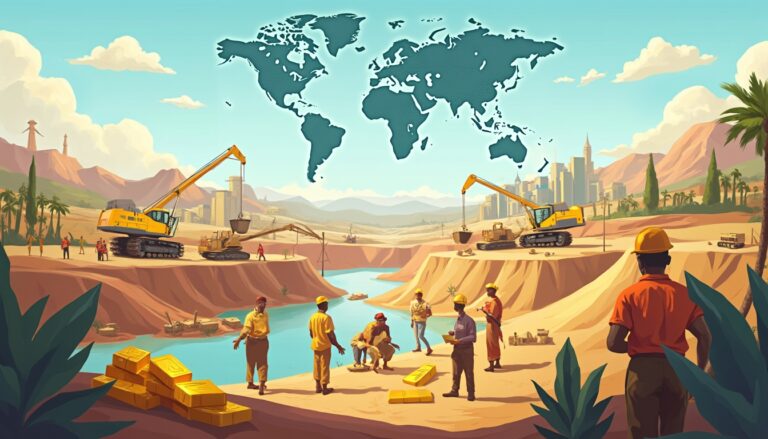 Construction site with excavators, workers, gold bars, and a world map overlay.