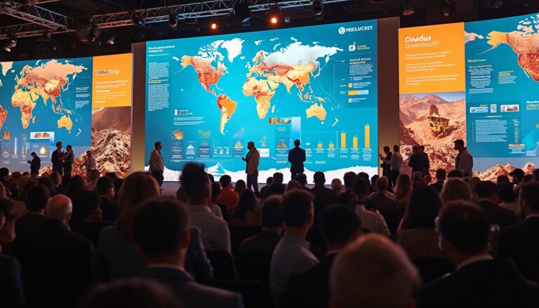 Audience listens to a presentation with global maps and charts on large screens.