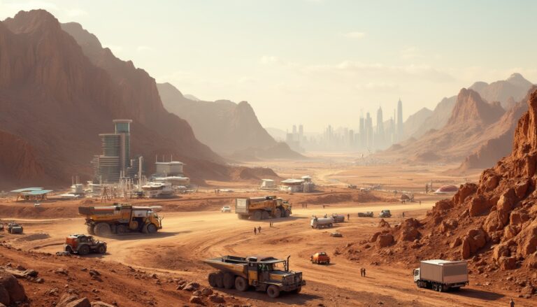 Desert colony with futuristic buildings and vehicles, distant city skyline in the background.