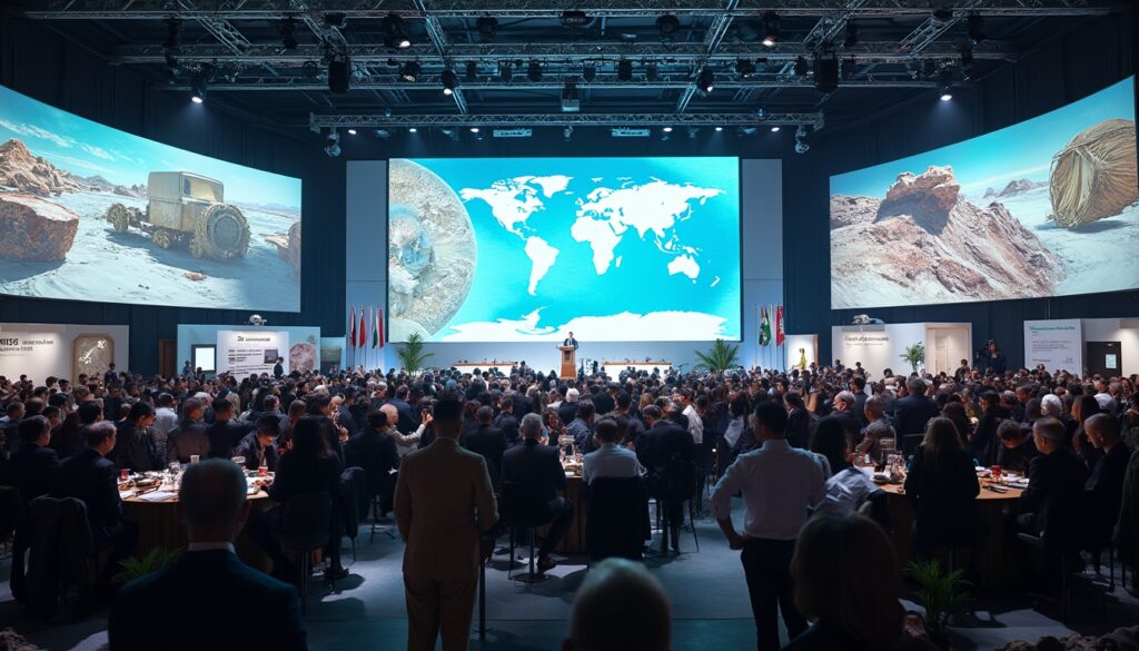 Audience watches a speaker on stage with world map and landscape projections in the background.