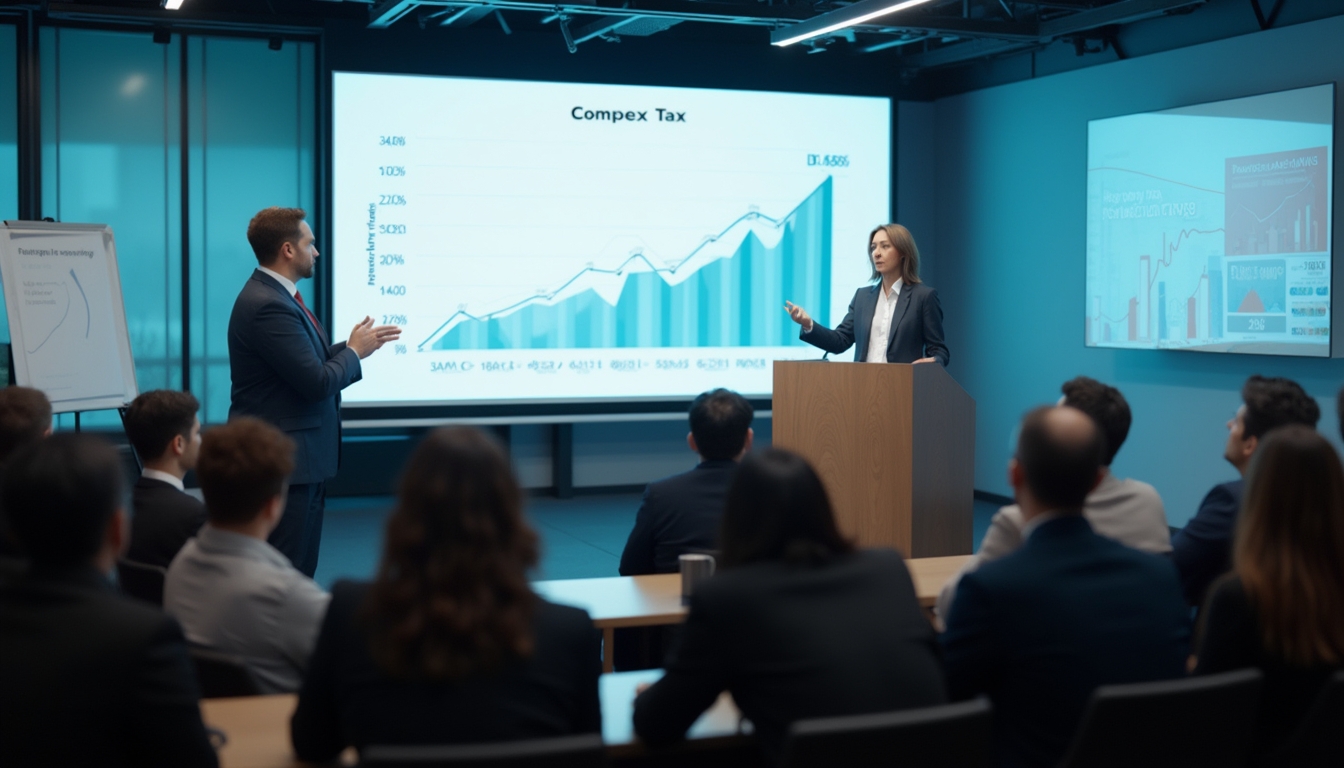 Business presentation with a woman at a podium and graphs displayed on a screen behind her.