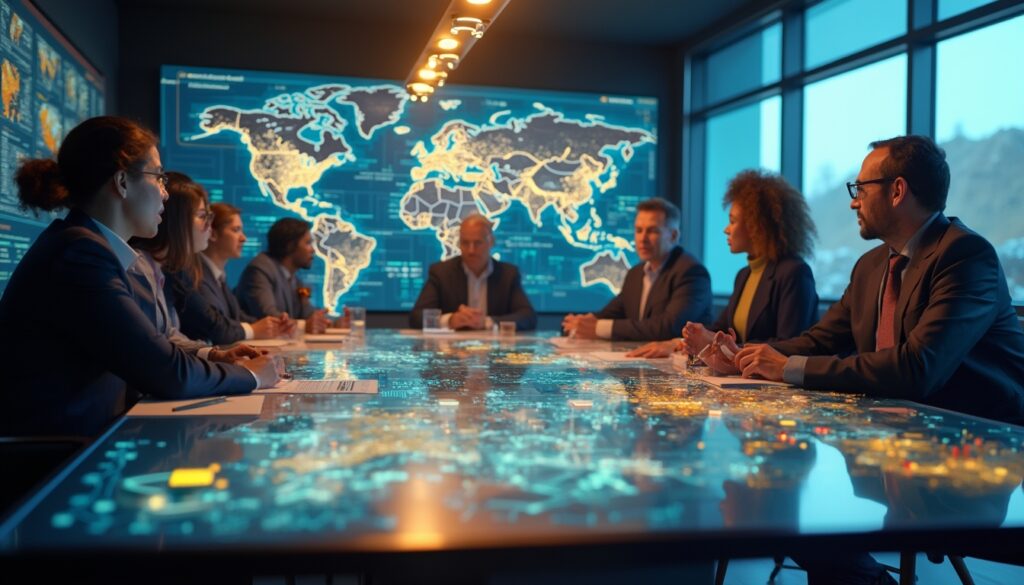 Professionals in a conference room with digital maps on the table and wall displays.