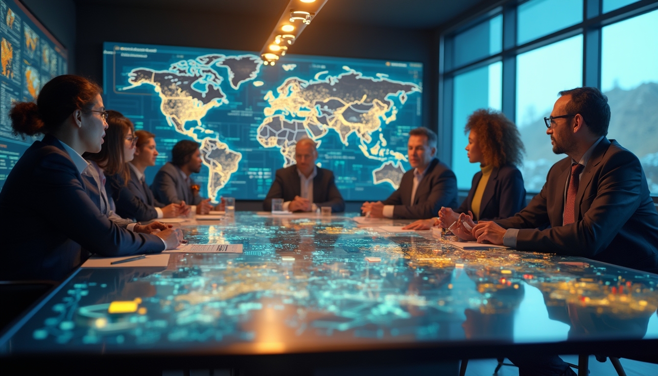 Professionals in a conference room with digital maps on the table and wall displays.