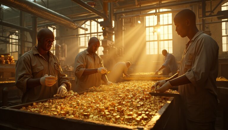 Workers in a sunlit factory sorting golden materials on tables.