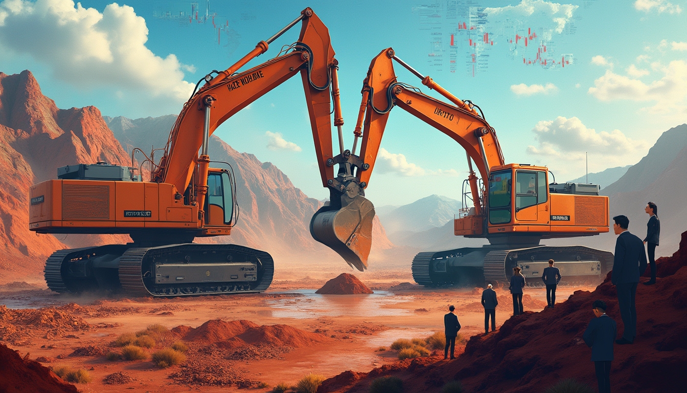 Two excavators at a construction site in a desert landscape, surrounded by people in business attire.