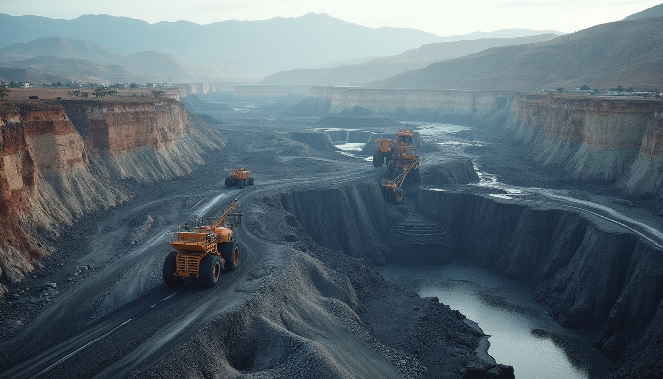 Large mining trucks operate in a vast, open-pit mine surrounded by rugged cliffs and mountains.