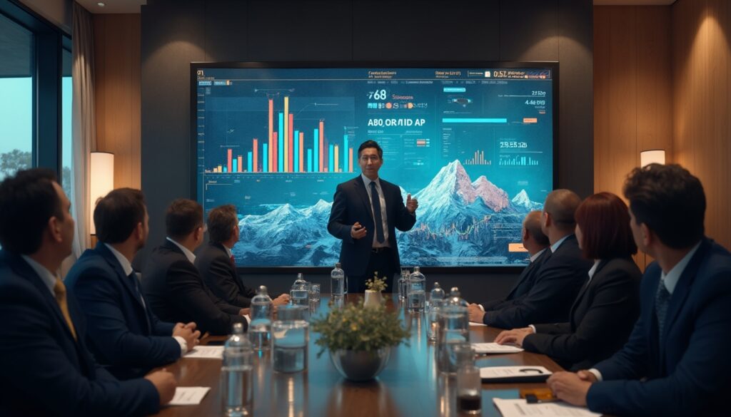 Business meeting with a presenter in front of a large screen showing colorful data charts and graphs.