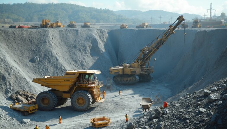 Large excavator and dump truck working in an open-pit mine, with workers in safety gear nearby.