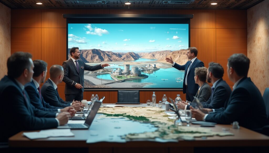 Business meeting with presentation of futuristic coastal city on a large screen.