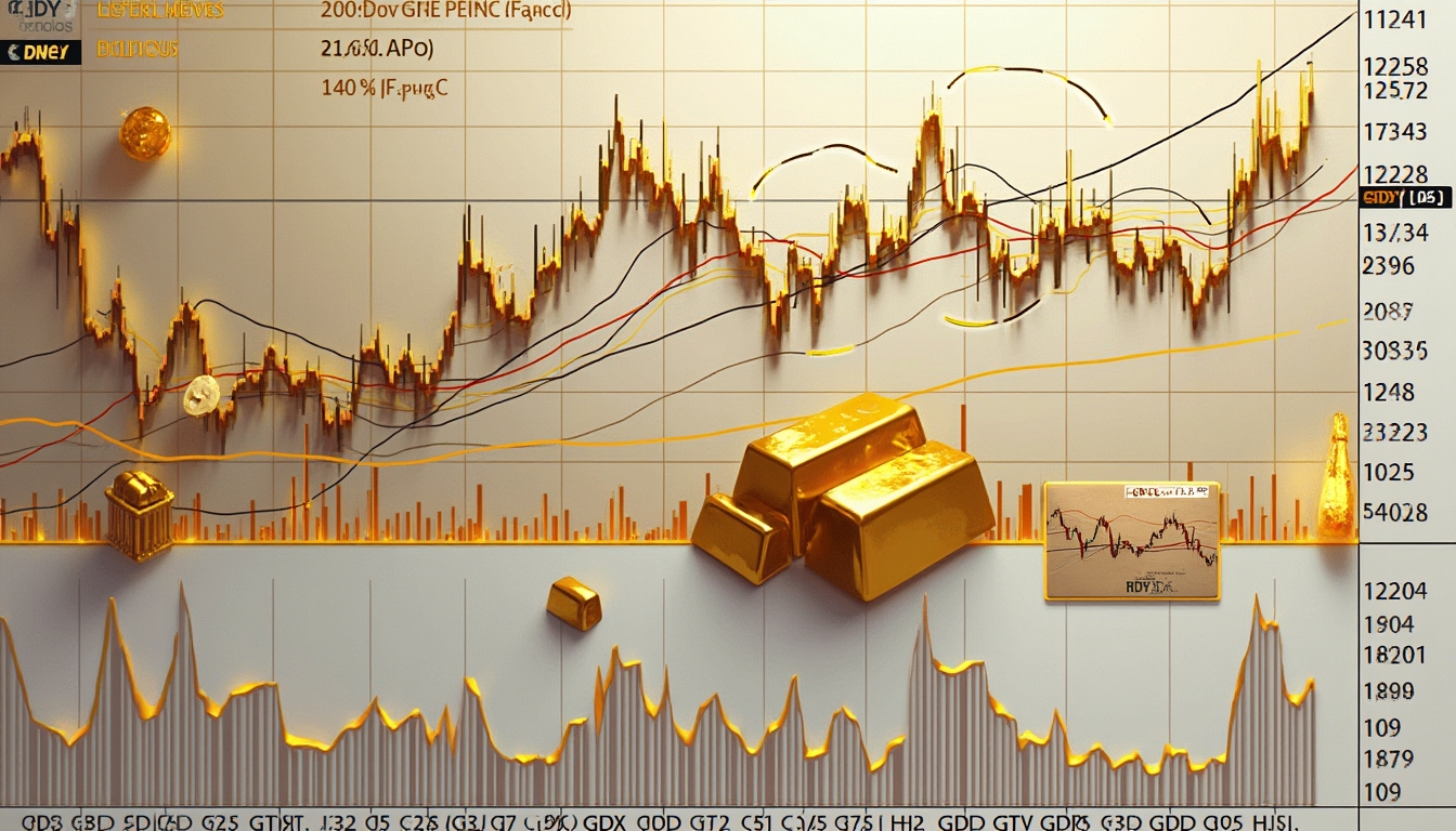 Gold bars and coins overlaid on a stock market graph with fluctuating trends and annotated text.