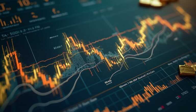 Colorful financial chart with data points and trend lines on a dark background.