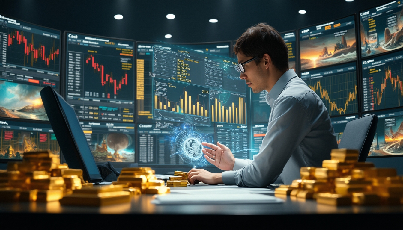 Person analyzing stock data on multiple screens, surrounded by gold bars.