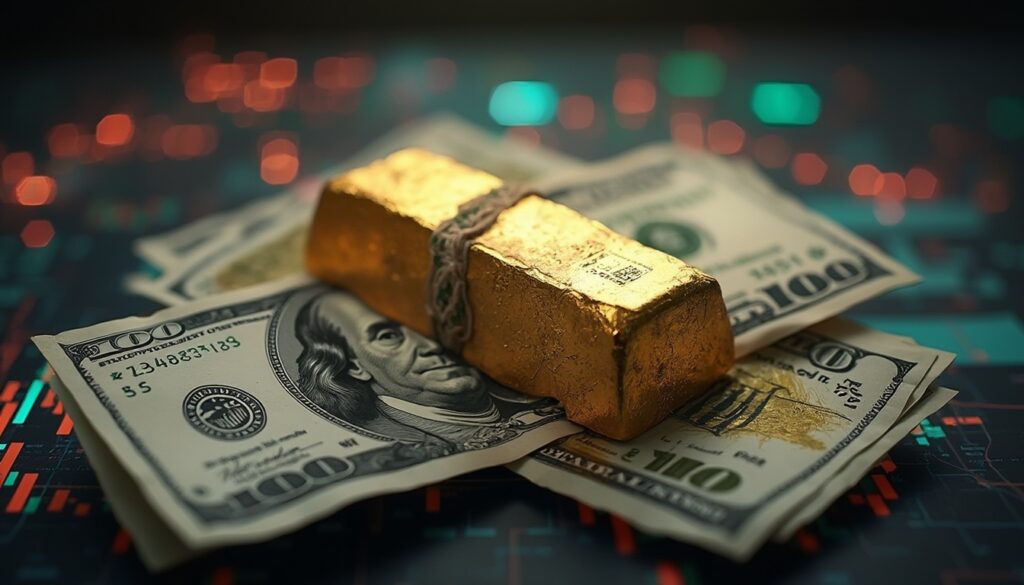 Gold bar resting on hundred-dollar bills with digital stock market graph background.