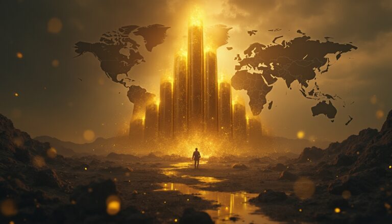 Person walking toward glowing golden towers with a world map in the background.