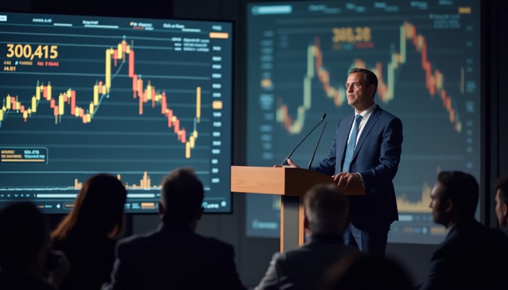 Traders monitor financial data on screens in a busy stock exchange, gold bars in the foreground.