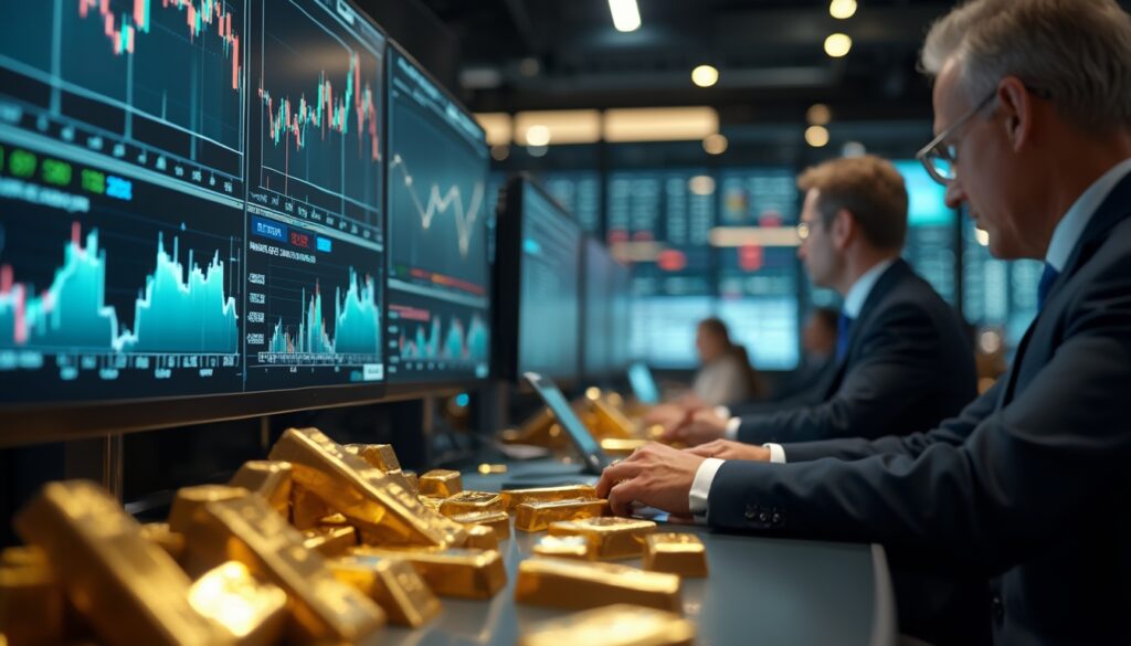 Traders working with golden bars and financial graphs on screens in a busy office setting.