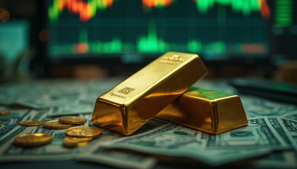 Gold bars and coins on dollar bills, with a stock market chart in the background.