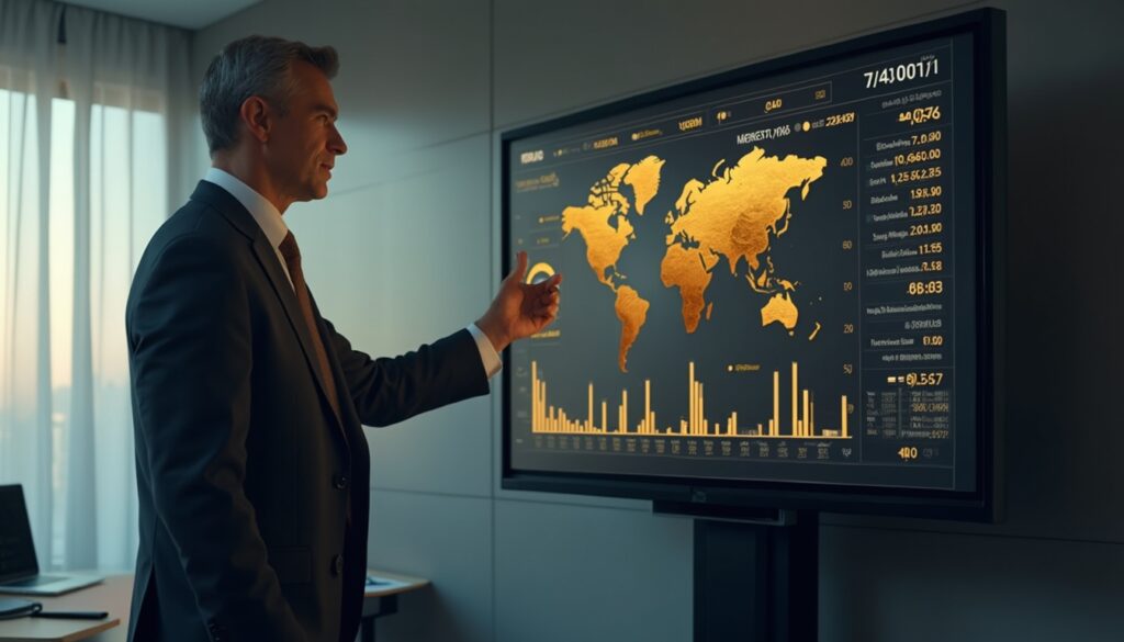 Businessman interacts with a digital world map on a large display screen in an office setting.