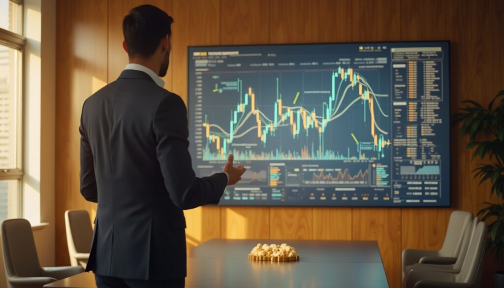 Person in suit analyzing stock charts on a large screen in a modern conference room.