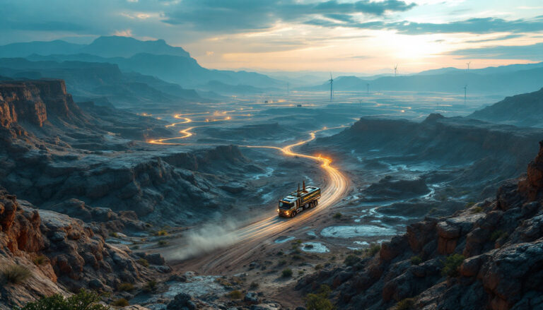 Gold Mountain Ltd-GMN-Truck on a winding desert road at dusk, wind turbines in the distance. Dust trailing behind.