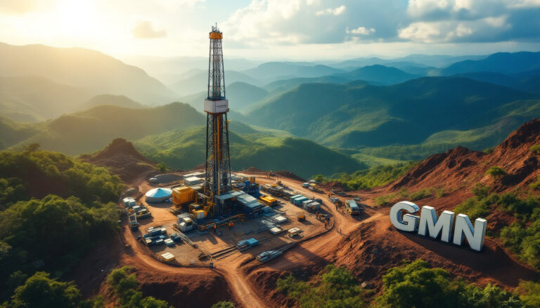 Gold Mountain Ltd-GMN-Mountain landscape with a drilling rig, vehicles, and large GMN letters at sunset.