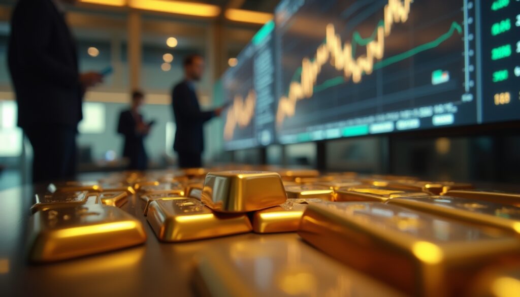 Gold bars on a table with traders and stock charts in the background.