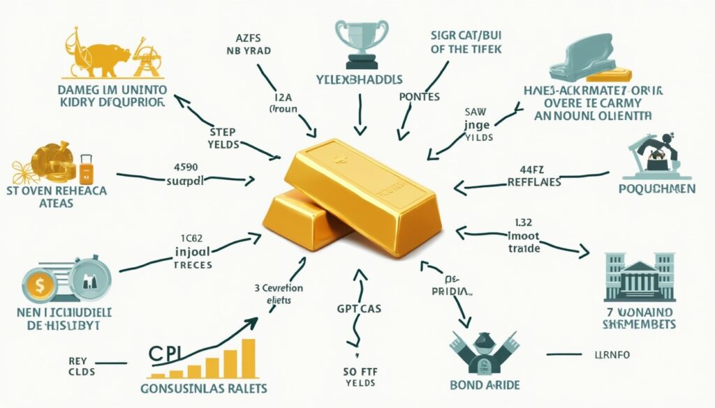 Flowchart with gold bars in the center and connected symbols with text in various directions.