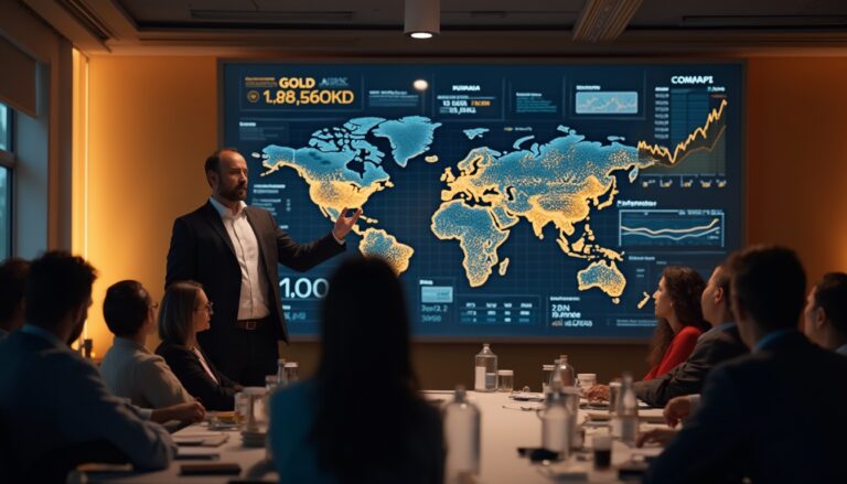 A man giving a presentation beside a world map and data charts in a conference room.