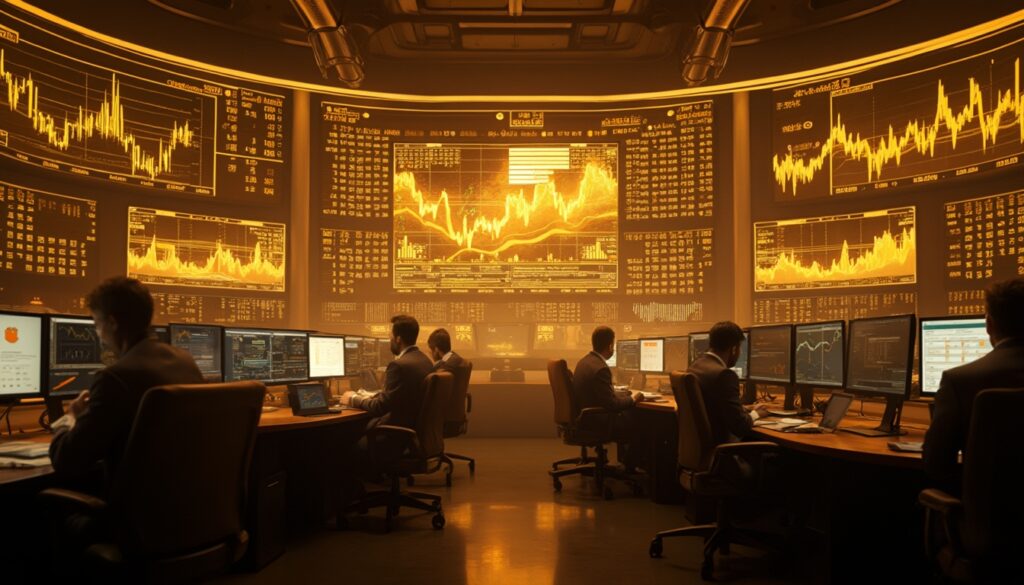 Traders at desks monitor financial data on multiple screens in a dimly-lit control room.