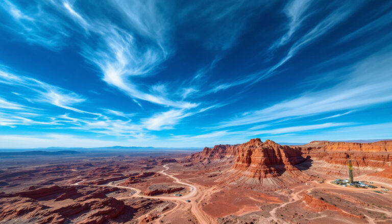 Golden Mile Resources Ltd-G88-Vast desert landscape with red rock formations beneath a bright blue sky with wispy clouds.