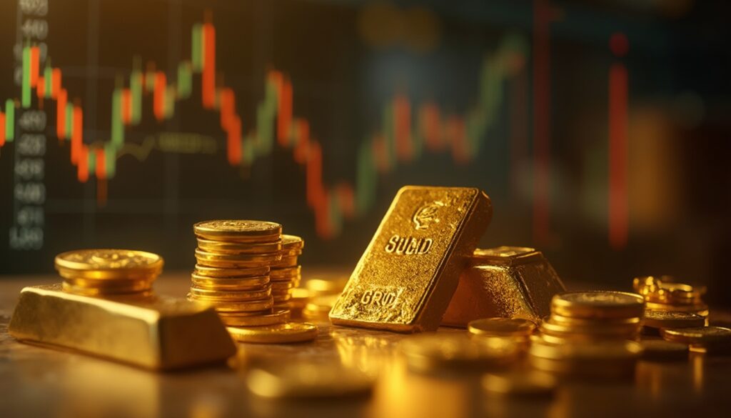 Gold bars and coins with a stock market chart in the background.